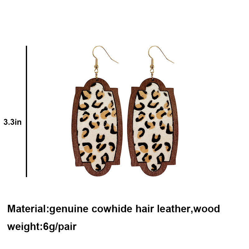 Geometry Cow Pattern Leather Wooden Earrings E5188