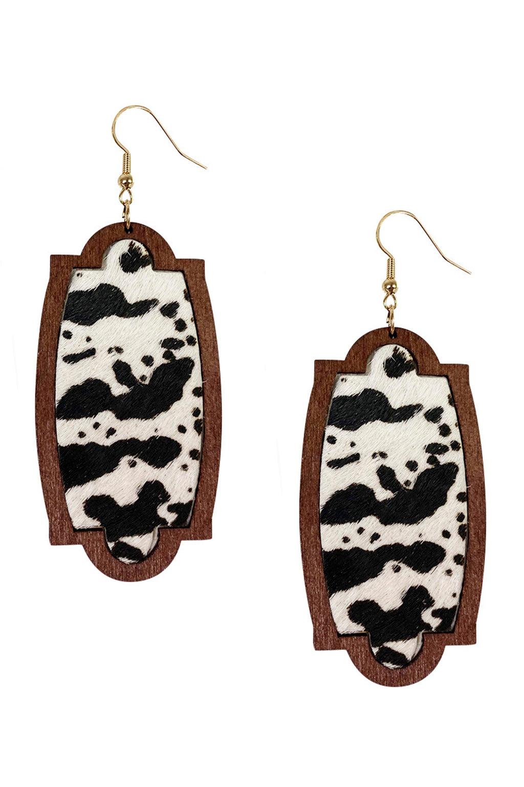 Geometry Cow Pattern Leather Wooden Earrings E5188