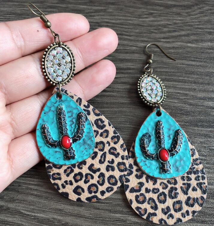 Cactus Animal Printed Leather Earrings E5283
