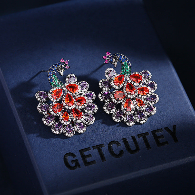Peacock Cubic Zirconia Stud Earrings E7028
