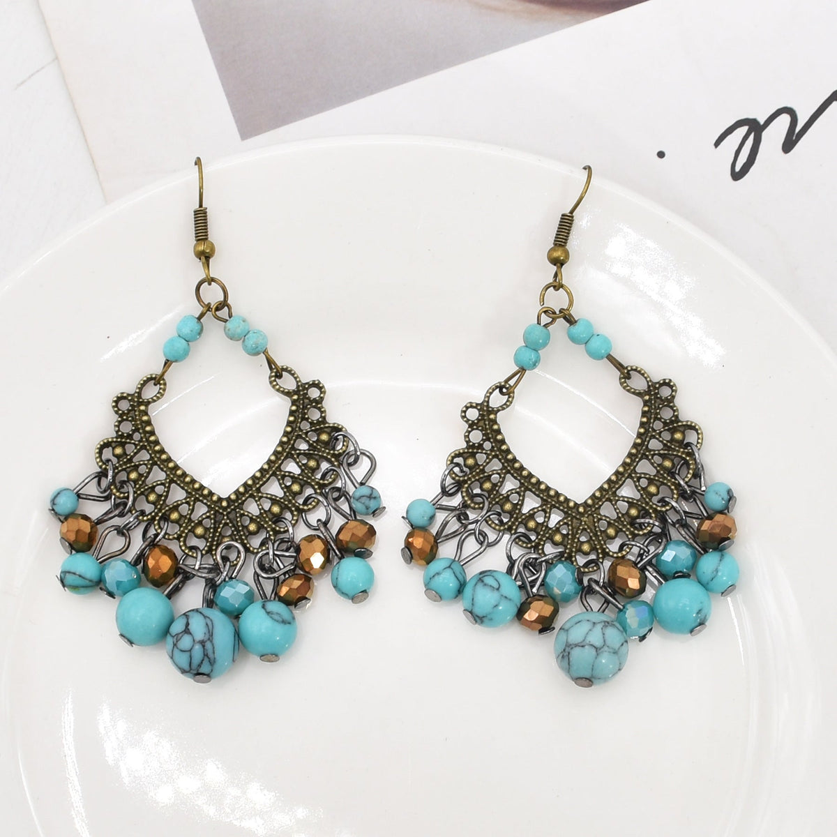Diamond Shaped Turquoise Tassel Earrings E7405