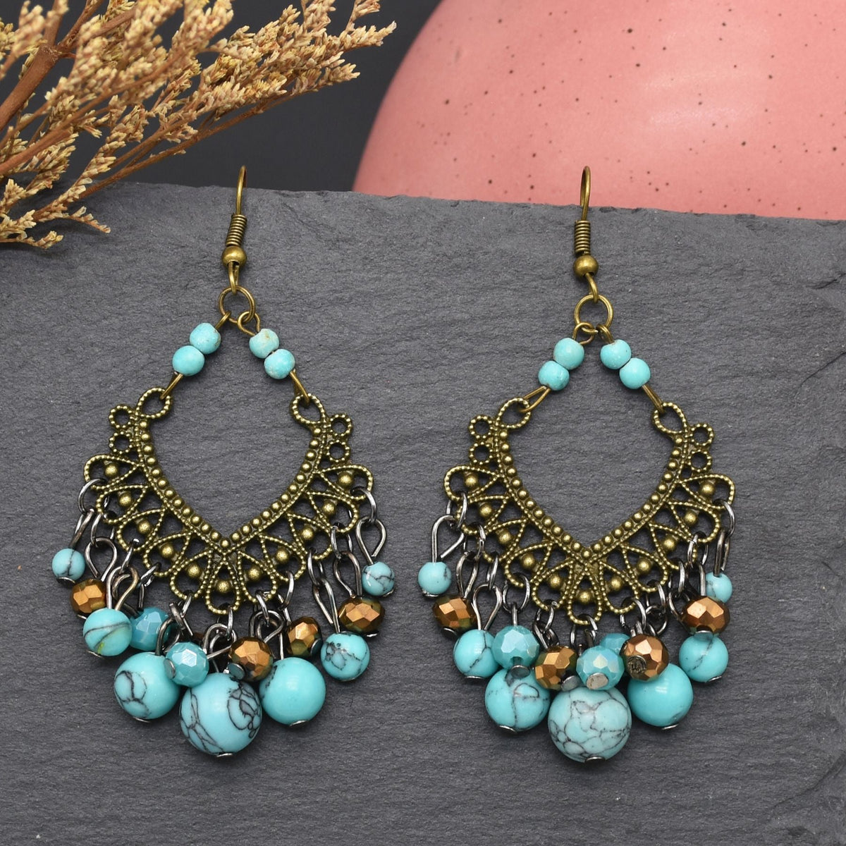 Diamond Shaped Turquoise Tassel Earrings E7405