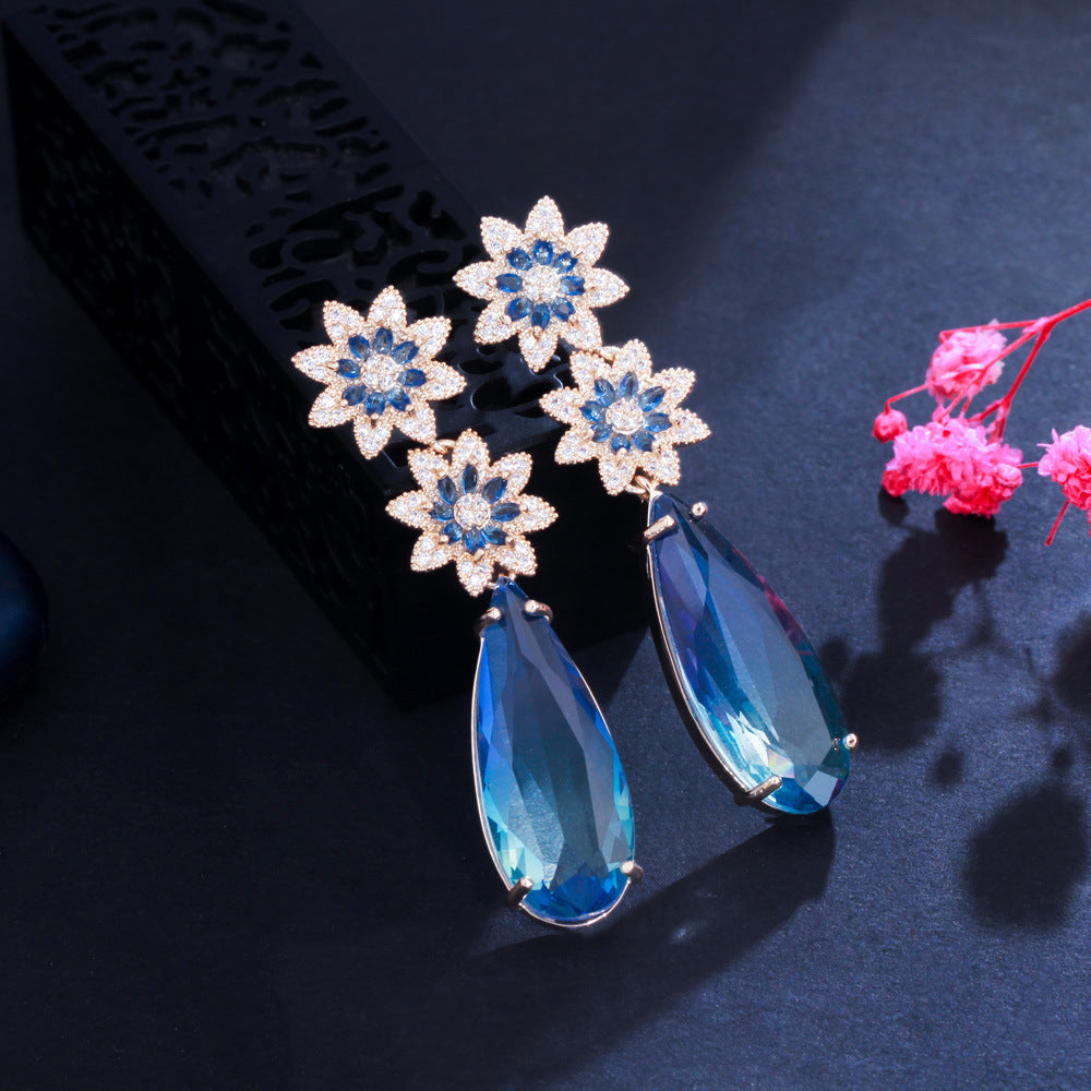 Floral Teardrop Cubic Zirconia Chain Earrings E7468