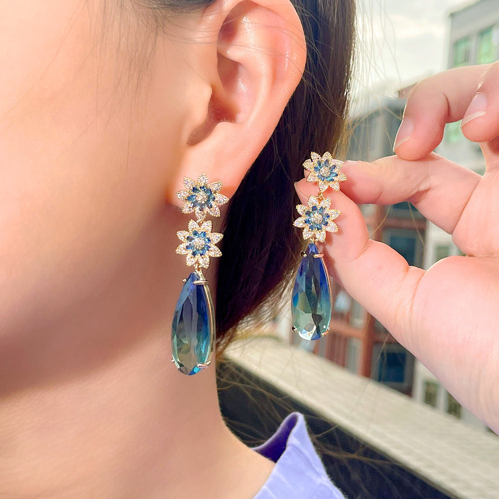 Floral Teardrop Cubic Zirconia Chain Earrings E7468