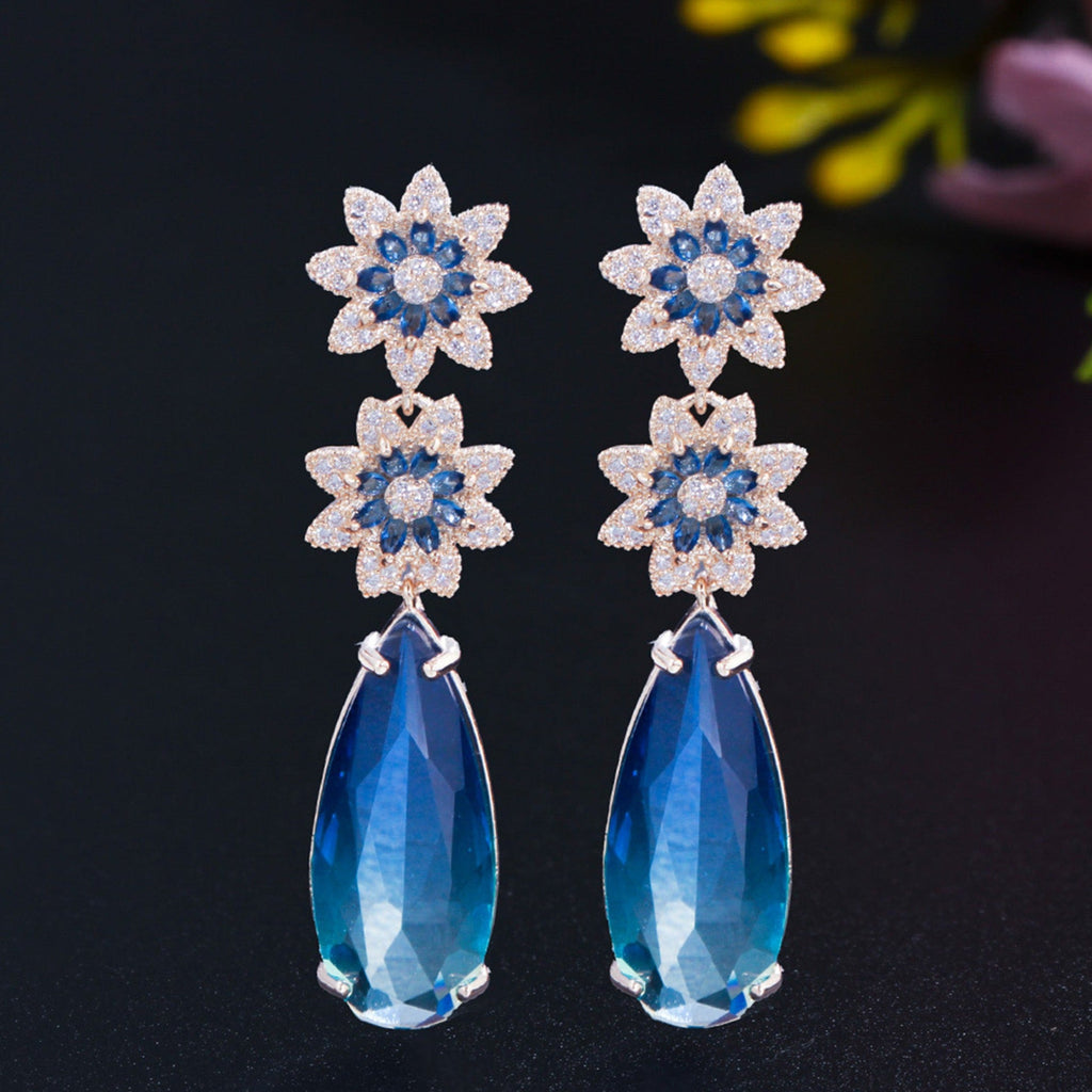 Floral Teardrop Cubic Zirconia Chain Earrings E7468