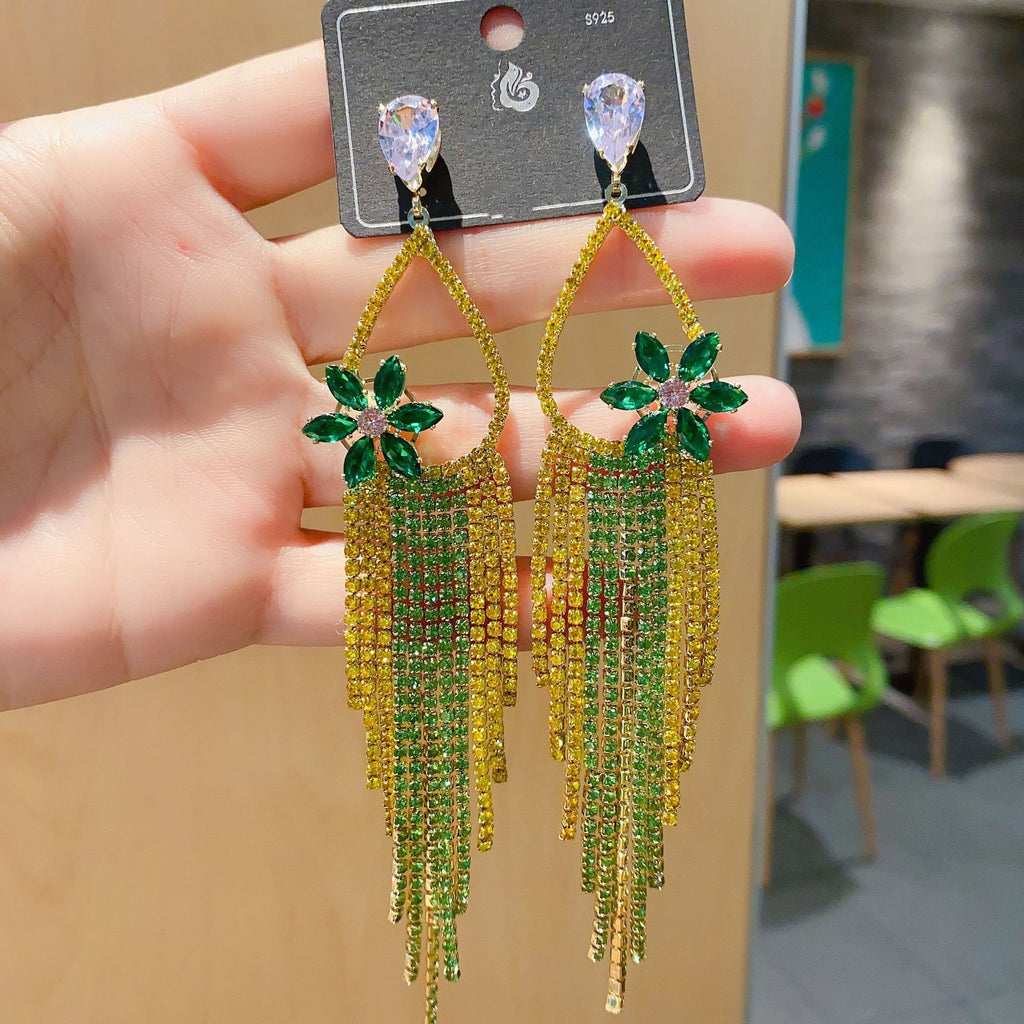 Floral Teardrop Tassel Cubic Zirconia Earrings E7484