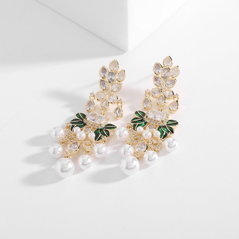 Floral Leaf Pearl Cubic Zirconia Earrings E7532