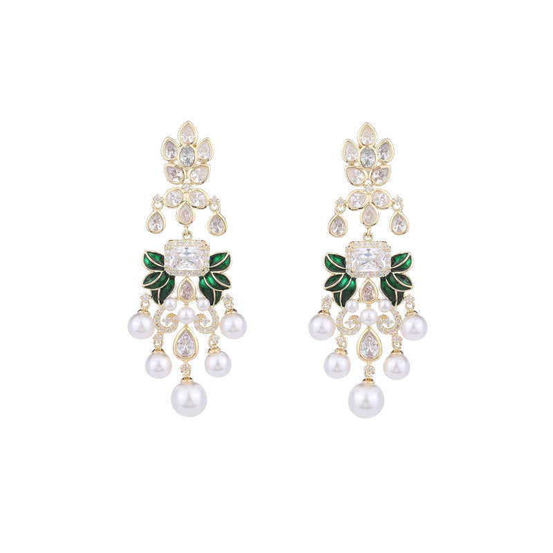 Floral Leaf Pearl Cubic Zirconia Earrings E7532