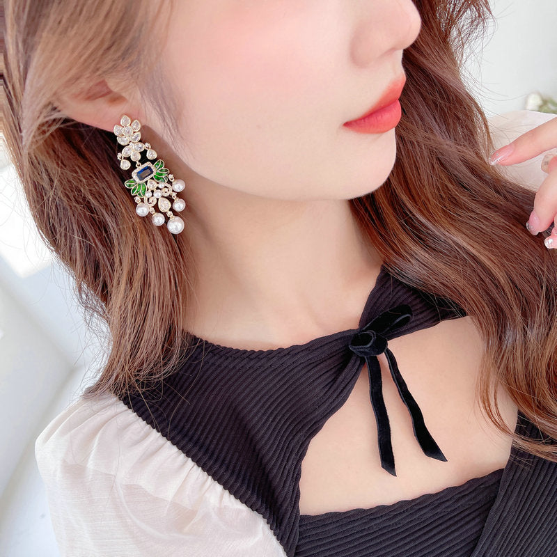Floral Leaf Pearl Cubic Zirconia Earrings E7532