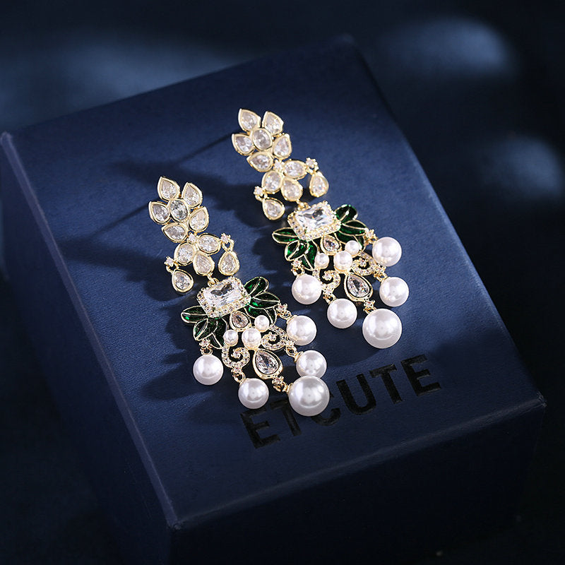 Floral Leaf Pearl Cubic Zirconia Earrings E7532