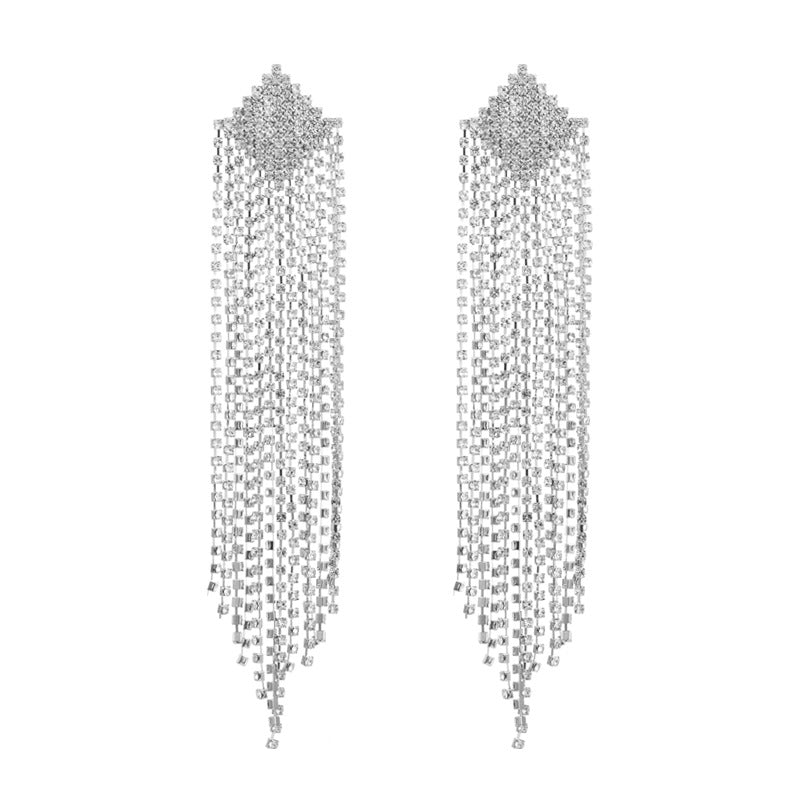 Diamond Shaped Rhinestone Tassel 925 Silver Post Earrings E7564