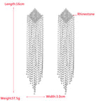 Diamond Shaped Rhinestone Tassel 925 Silver Post Earrings E7564
