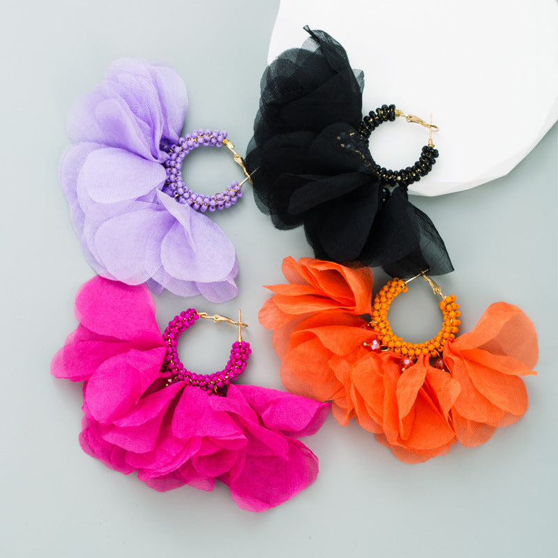 Floral Chiffon Seed Bead Hoop Earrings E7572
