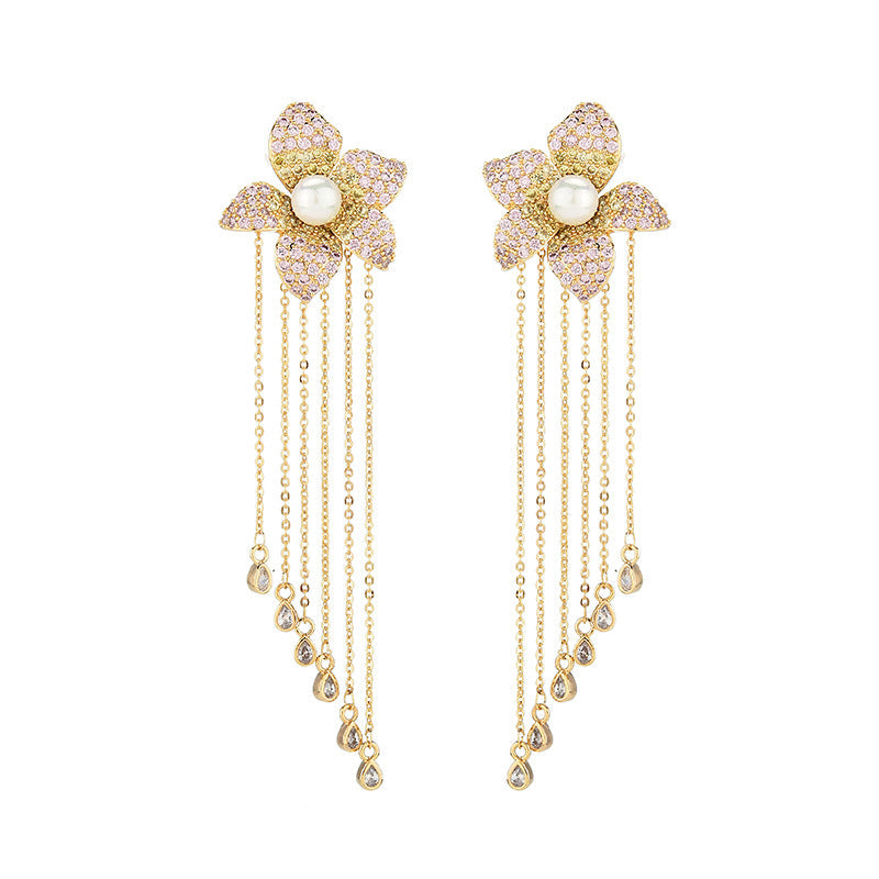 Flower Tassel Cubic Zirconia Earrings E7914