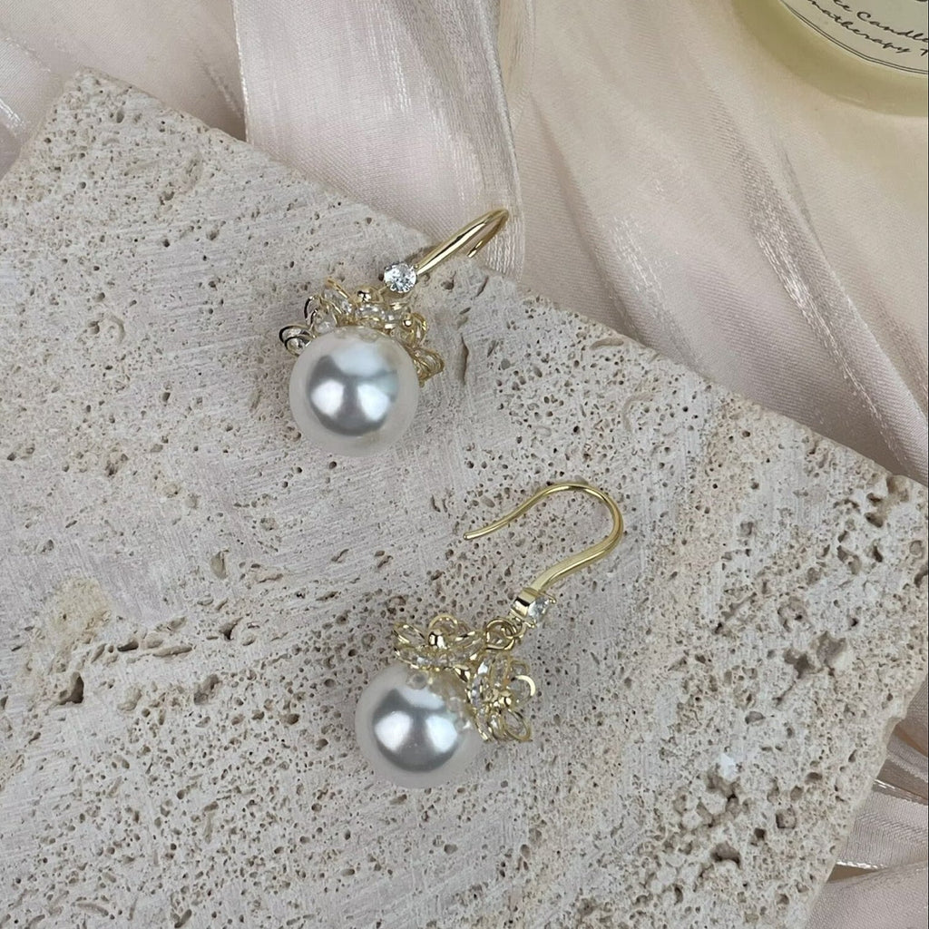 Cubic Zirconia Flower with Glass Pearl Earrings E8691 - view 2
