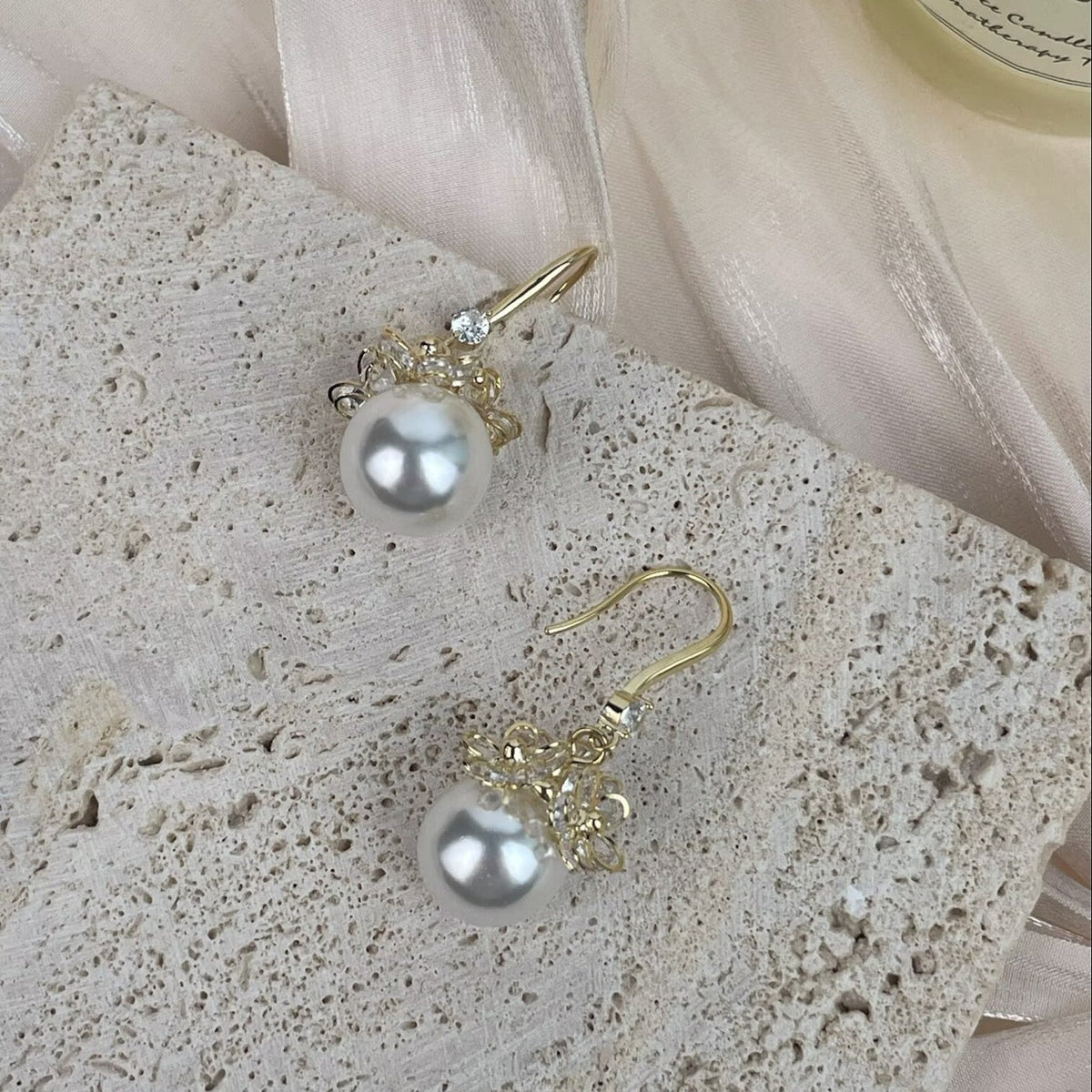 Cubic Zirconia Flower with Glass Pearl Earrings E8691 - view 2