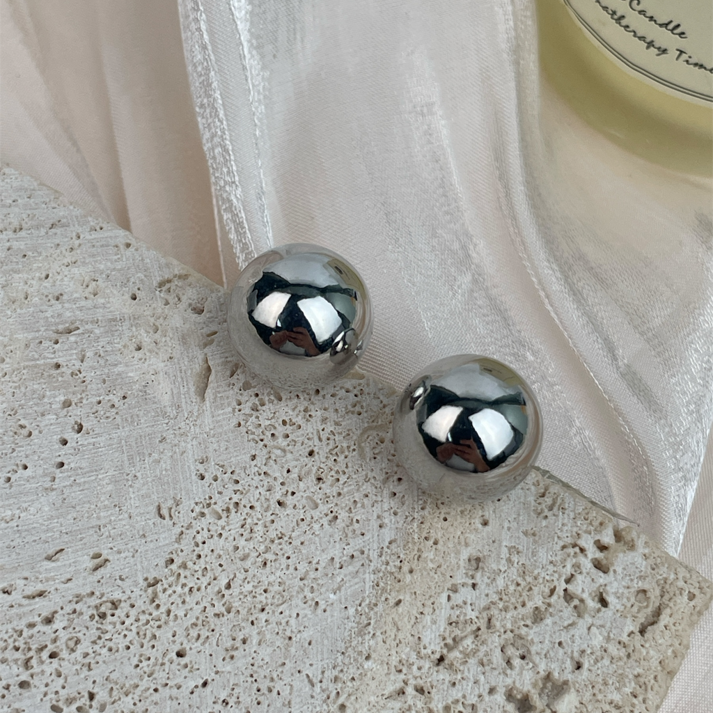 18K Gold-Plated Smooth Bead Earrings E8744 - Silver