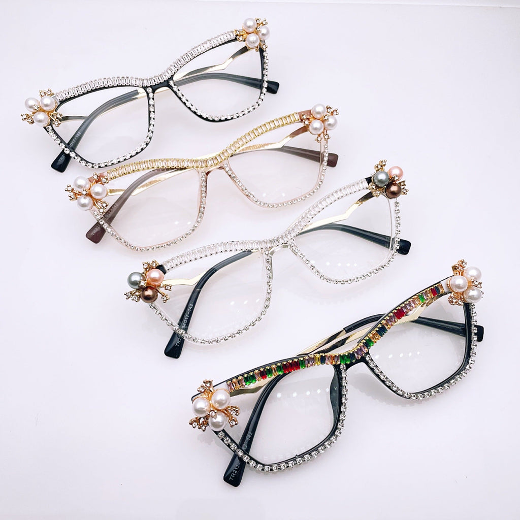 Handmade Pearl Rhinestone Plain Glass Spectacle G0394