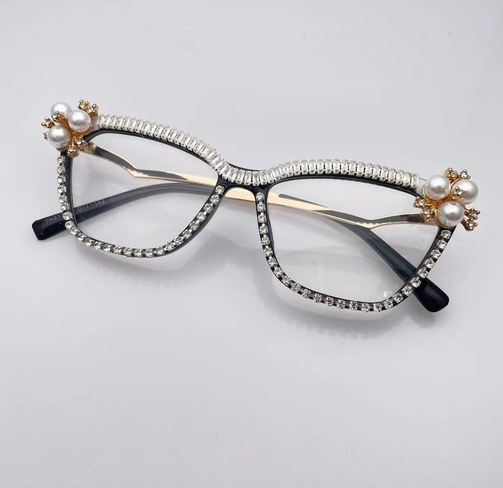 Handmade Pearl Rhinestone Plain Glass Spectacle G0394