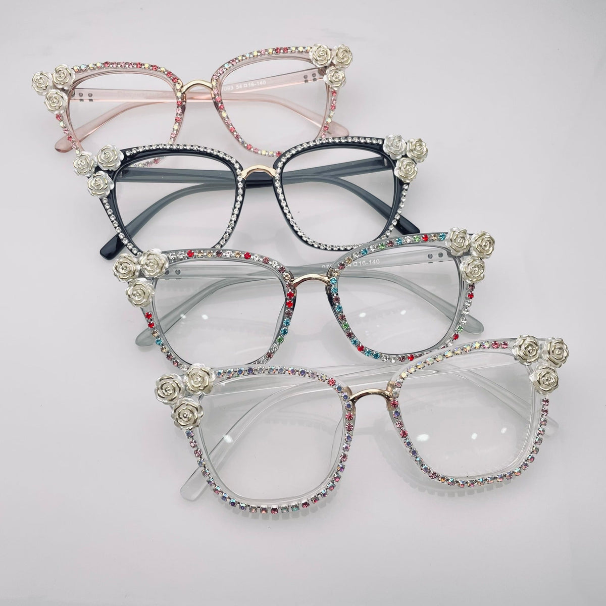 Handmade Camellia Rhinestone Plain Glass Spectacle G0396