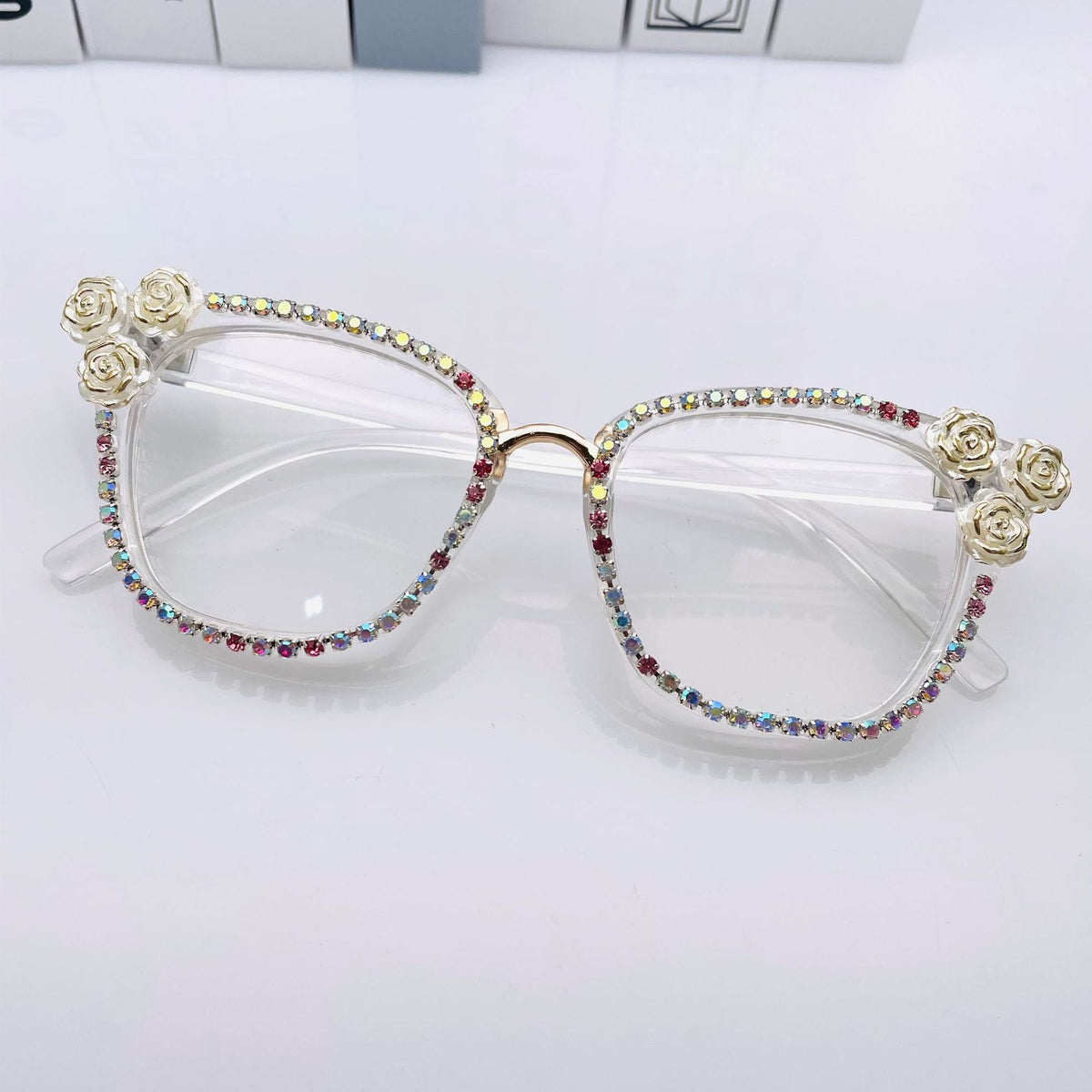 Handmade Camellia Rhinestone Plain Glass Spectacle G0396