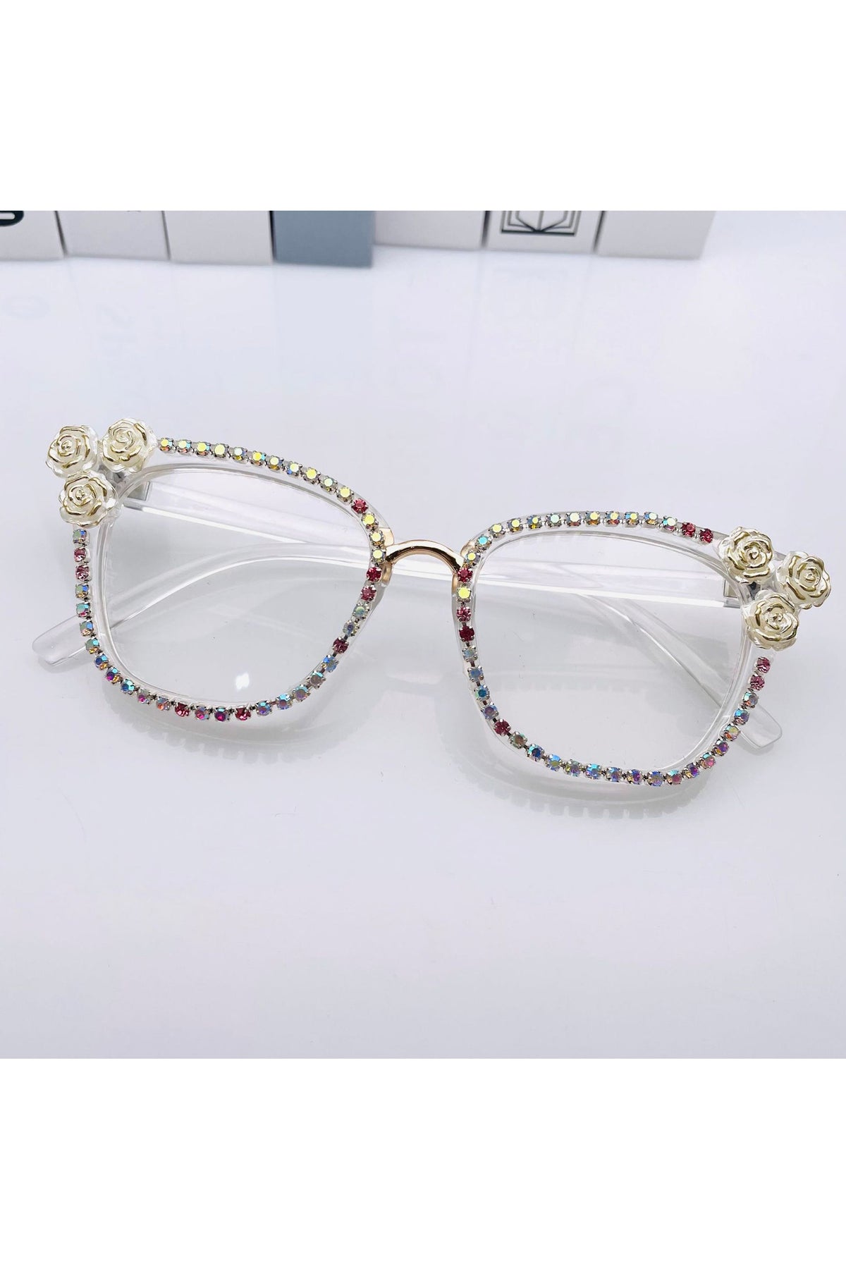 Handmade Camellia Rhinestone Plain Glass Spectacle G0396