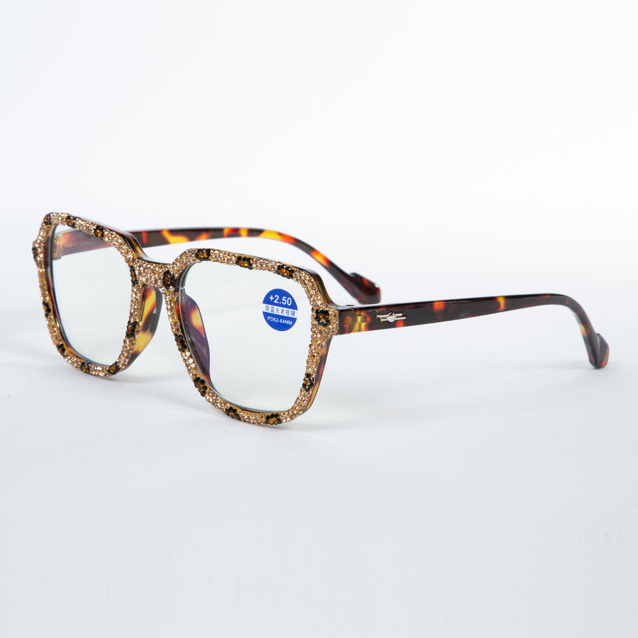 Handmade Rhinestone Square Reader Glasses G0411-Brown