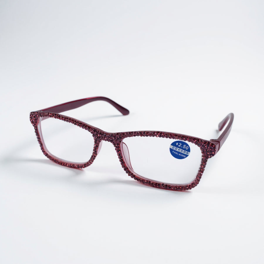 Handmade Rhinestone Rectangle Reader Glasses G0497-Rose Red