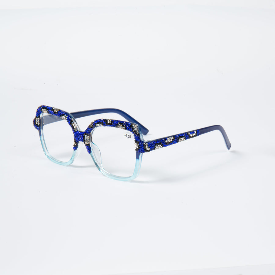 Handmade Rhinestone Rectangle Reader Glasses G0566-Blue