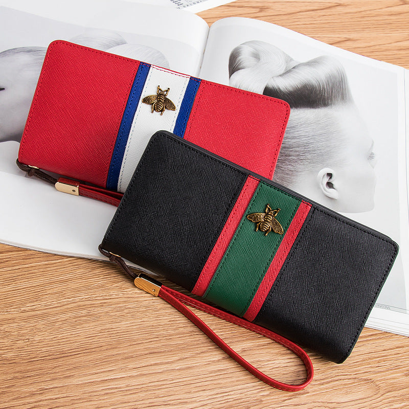 Rectangle Bee Striped Leather Wallet HB0901
