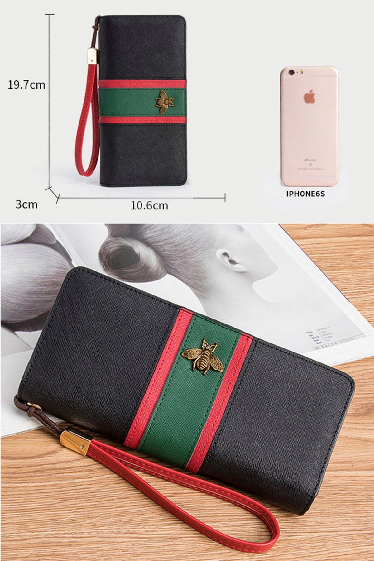Rectangle Bee Striped Leather Wallet HB0901