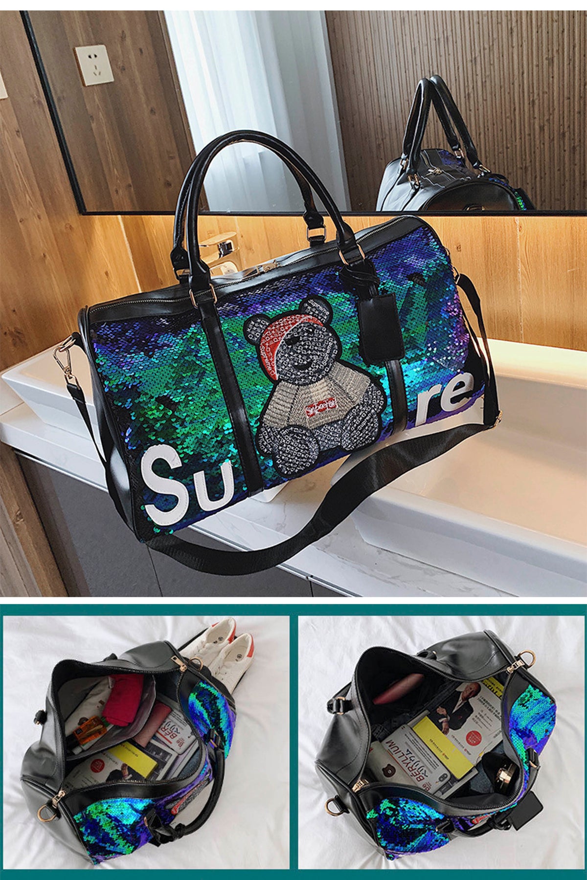 Bear Sequins Tote Handbags HB1016