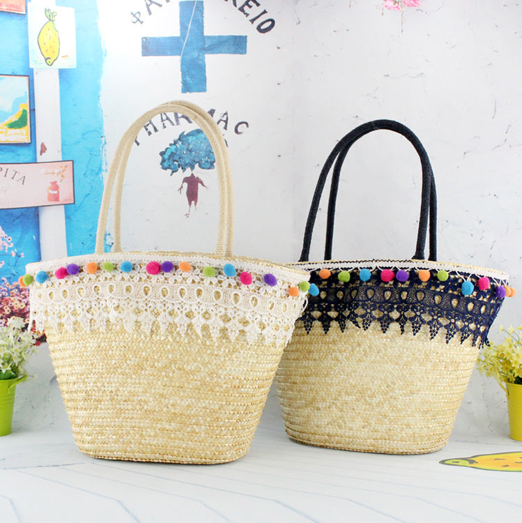 Pompom Straw Tote Bag HB1811