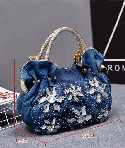 Floral Rhinestone  Denim Tote Bag HB2315