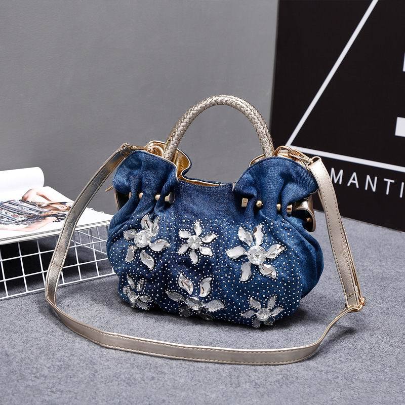 Floral Rhinestone  Denim Tote Bag HB2315