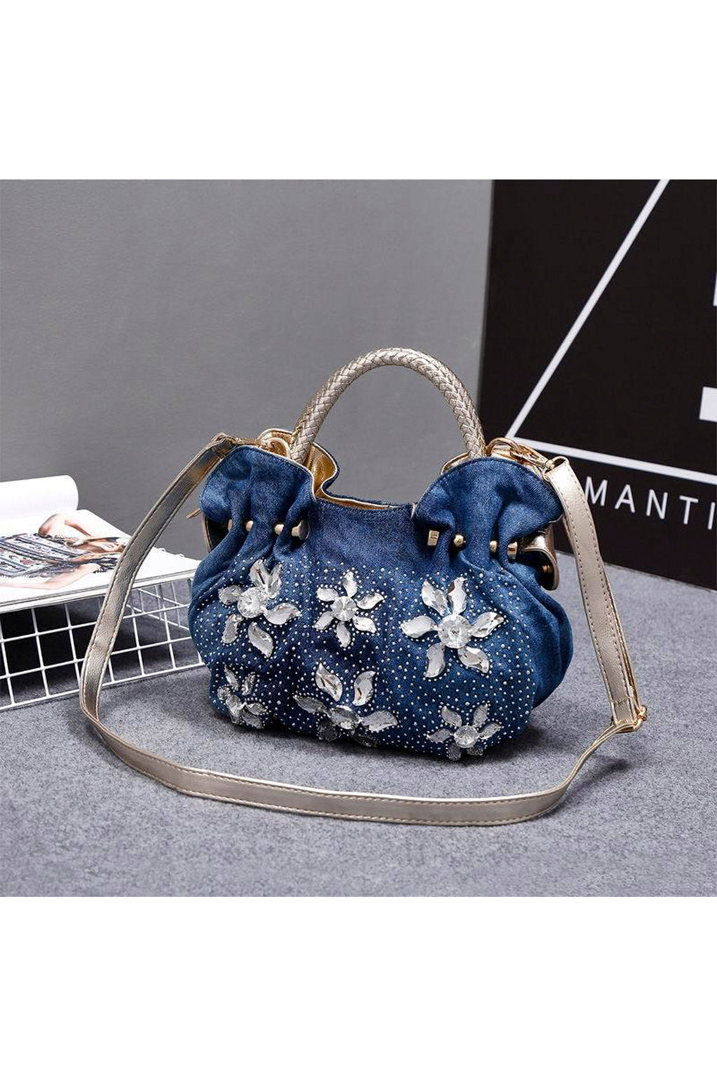 Floral Rhinestone  Denim Tote Bag HB2315