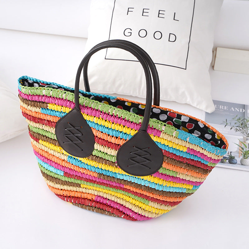 Rainbow Color Straw Tote Beach Bag HB2364