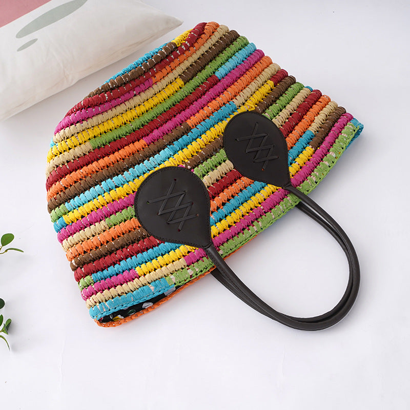 Rainbow Color Straw Tote Beach Bag HB2364