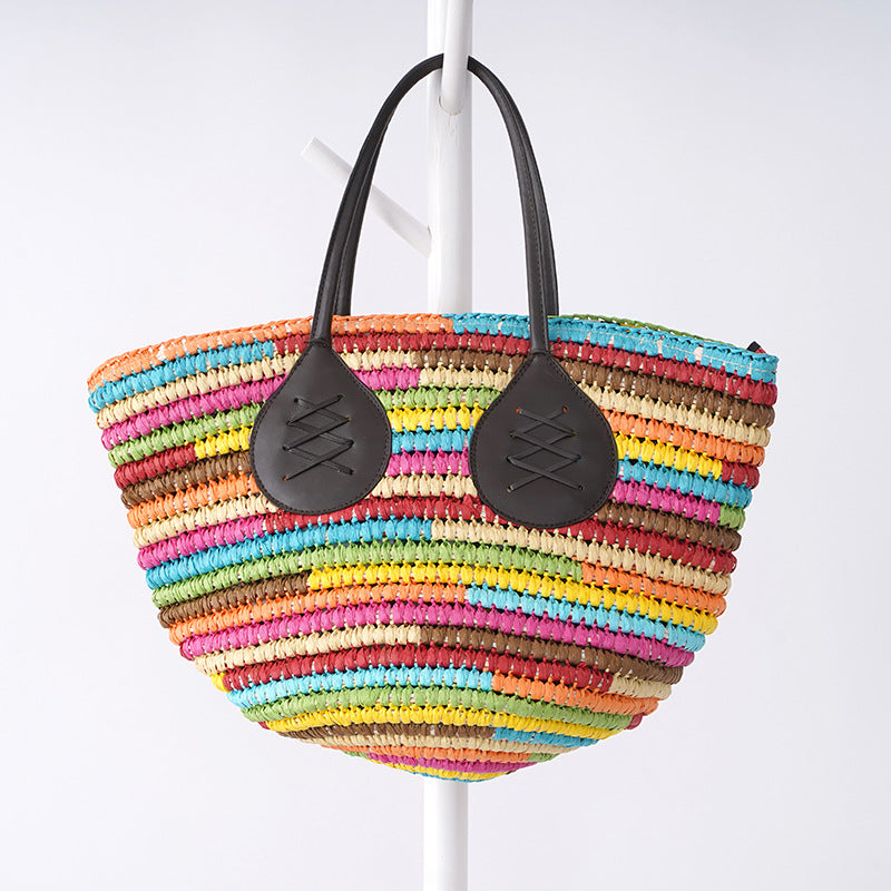 Rainbow Color Straw Tote Beach Bag HB2364