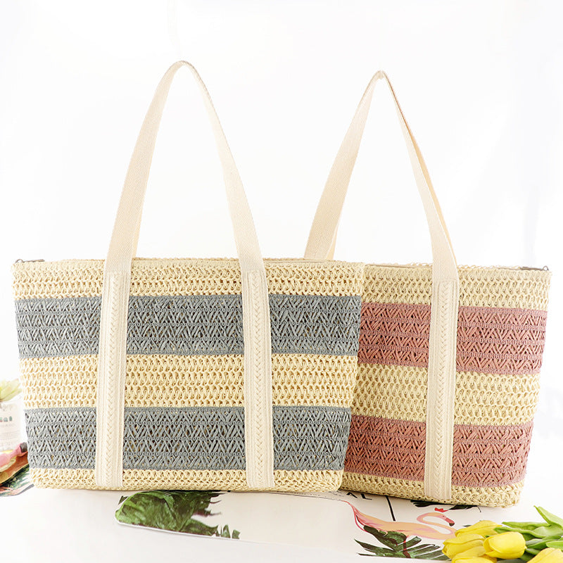 Striped Straw Tote Beach Bag HB2369