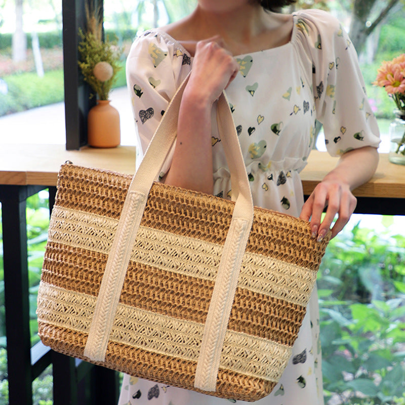 Striped Straw Tote Beach Bag HB2369