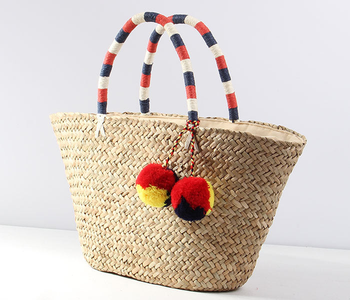 Pompom Straw Tote Beach Bag HB2370