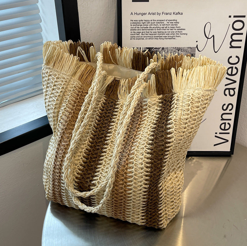 Striped Straw Tote Beach Bag HB2376