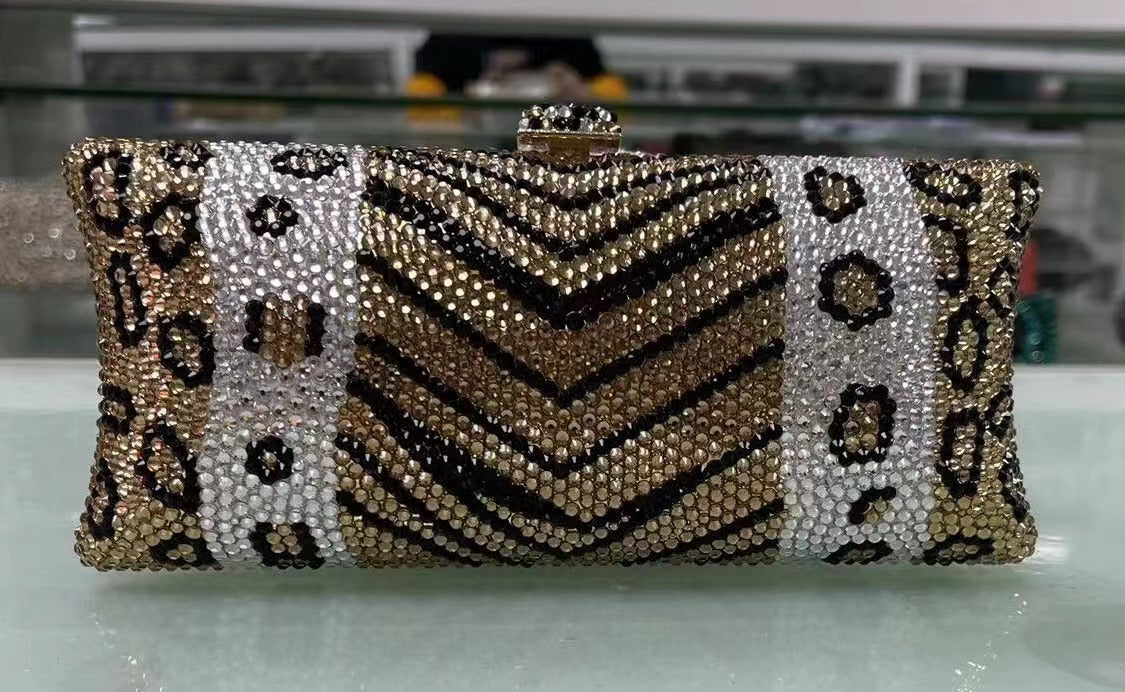 Animal Printed Rhinestone Rectangle Evening Bag HB2417