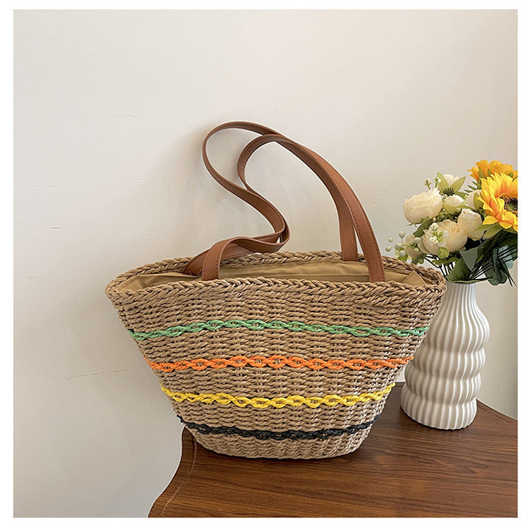 Striped Straw Braided Tote Bag HB2569