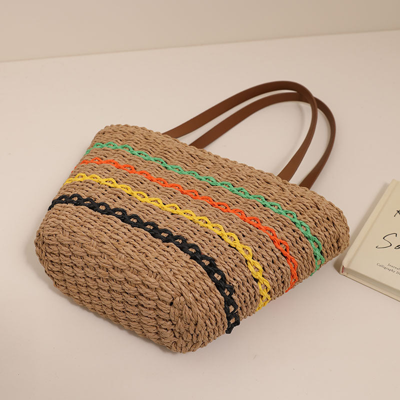 Striped Straw Braided Tote Bag HB2569