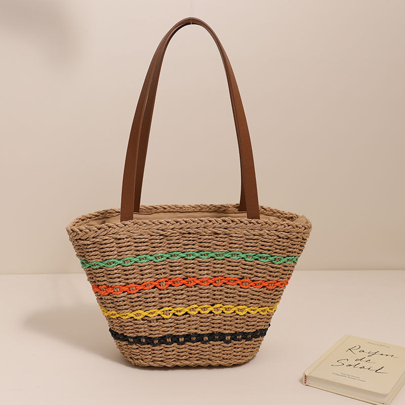 Striped Straw Braided Tote Bag HB2569