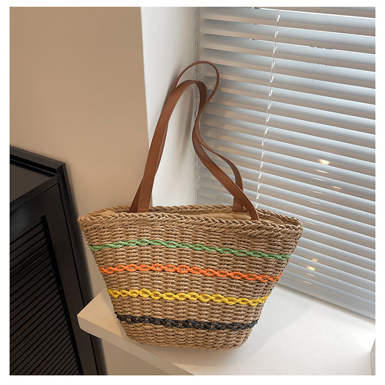 Striped Straw Braided Tote Bag HB2569