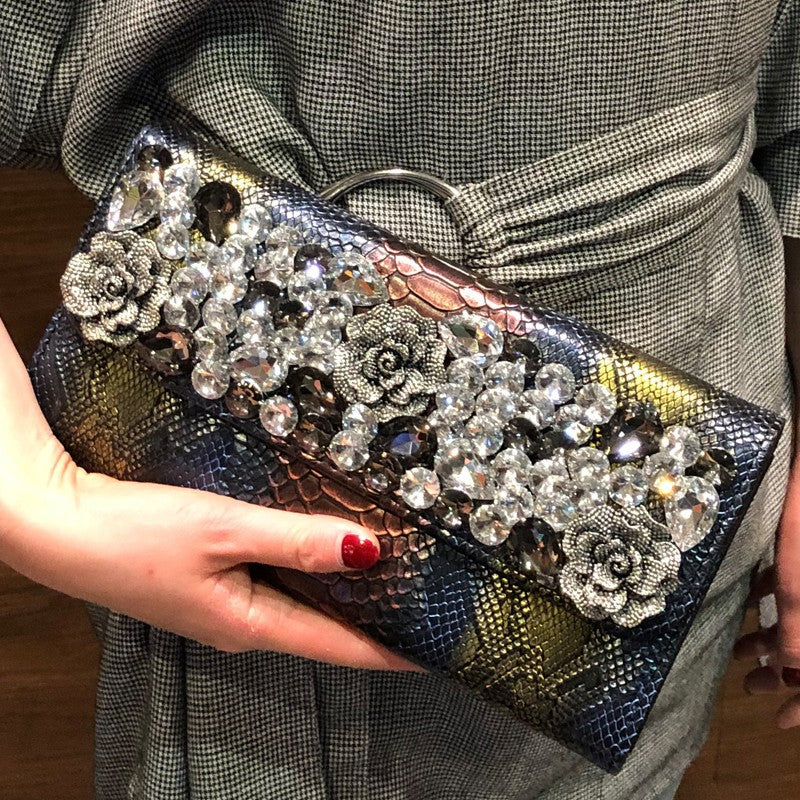 Floral Rhinestone Snakeskin Leather Crossbody HB2703