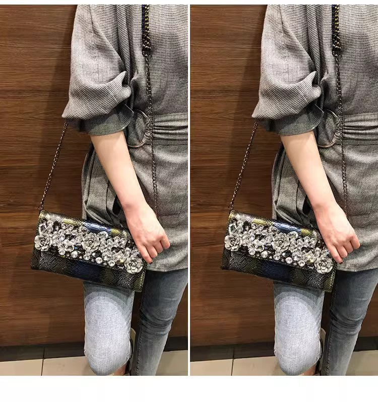 Floral Rhinestone Snakeskin Leather Crossbody HB2703